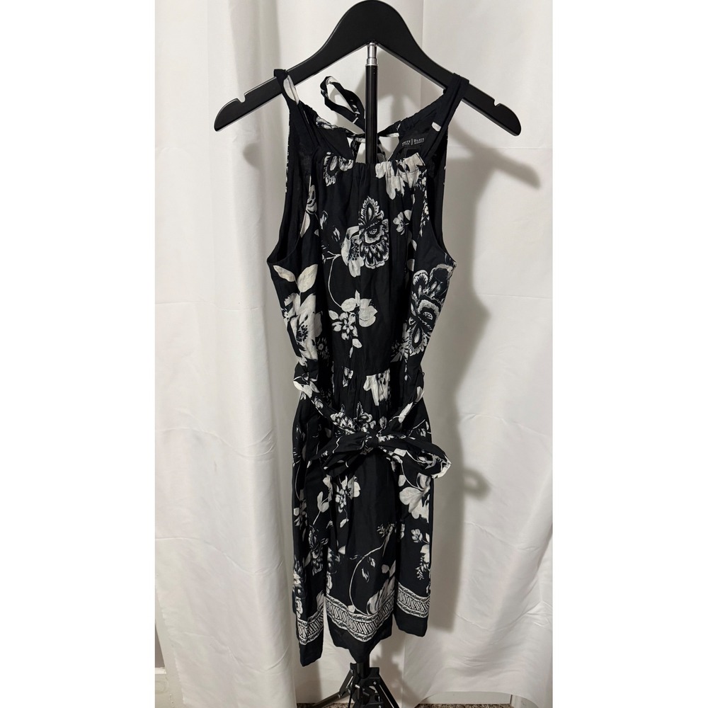 White House Black Market Floral Halter Dress Black White Cotton Size 2
